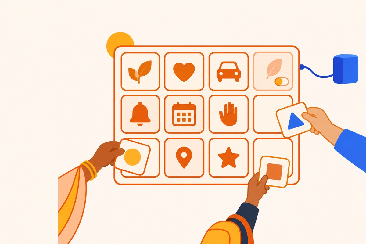 A board with sockets; teams plug tiles in; one switch dims a tile.