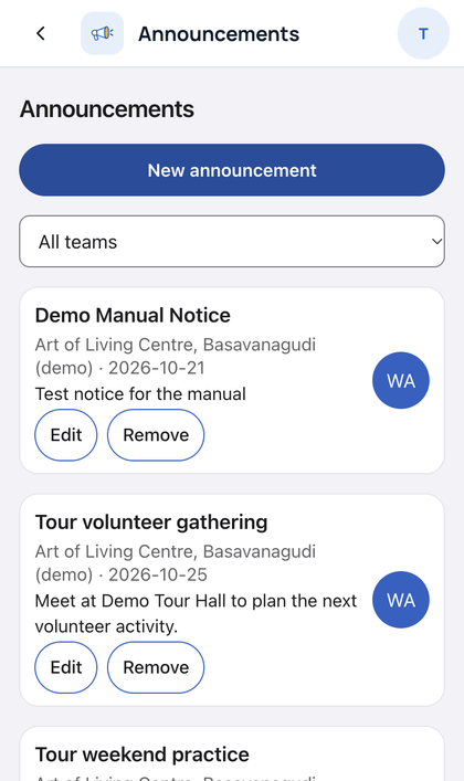 Announcements: Pick the team. Type a title and a message. Tap Post.