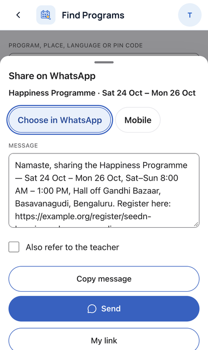 Find Programs: Tap the chat button on a session to share it on WhatsApp.