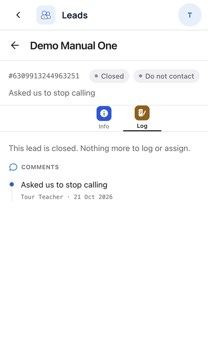Leads: To stop all contact, pick Not interested and tick the do-not
