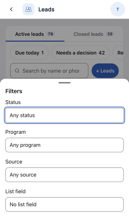 Leads: Search by name or phone. Tap Filters to narrow by status, pr