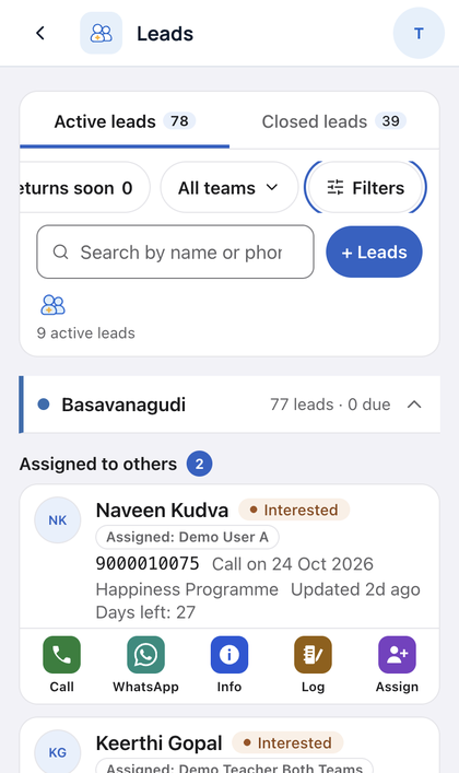 Leads: Search by name or phone. Tap Filters to narrow by status, pr