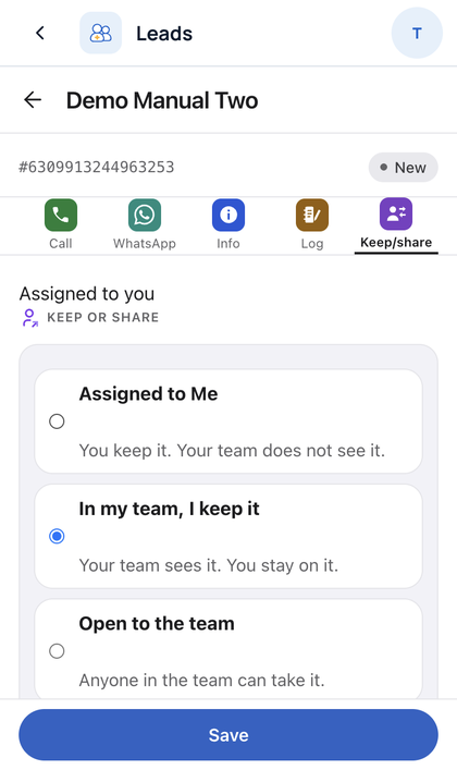 Leads: Tap Keep/share to keep a lead, show it to your team, or open