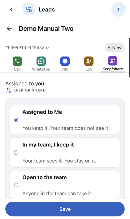 Leads: Tap Keep/share to keep a lead, show it to your team, or open