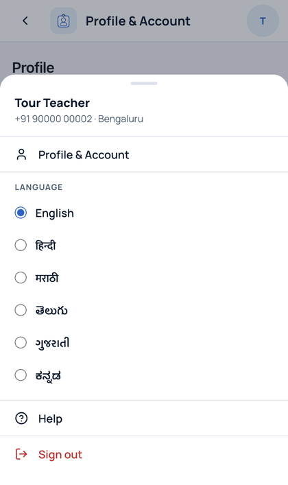 Profile and account: Tap your round account button at the top right. Pick a langu