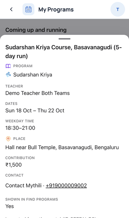 My Programs: Tap a session for dates, place, contribution and who to cont