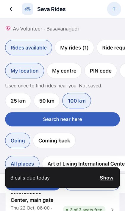 Seva Rides: Open Seva Rides. Pick My location, My centre or PIN code, an