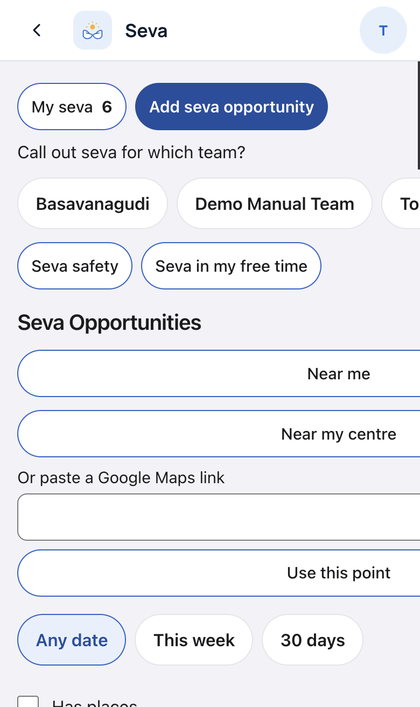 Seva: Coordinators: tap Add seva opportunity. Pick the team, the k