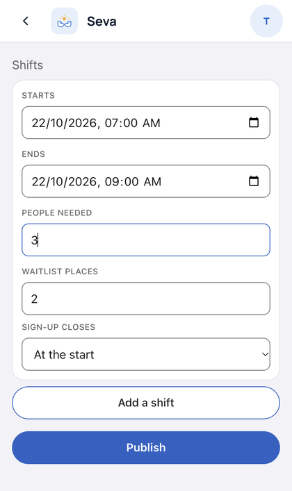 Seva: Coordinators: tap Add seva opportunity. Pick the team, the k