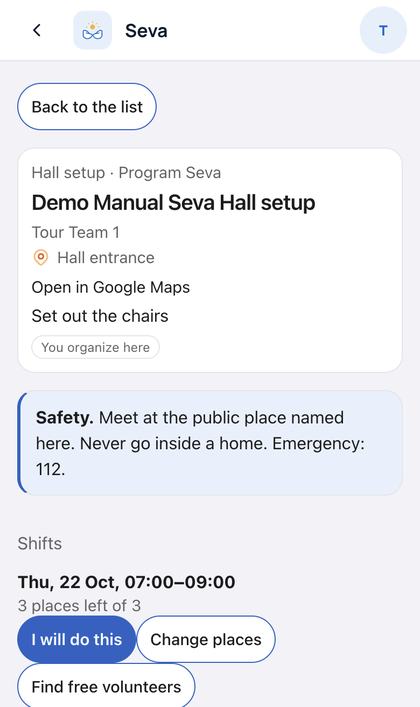 Seva: Tap Publish. The seva shows in the list.