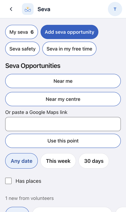 Seva: Open Seva. Tap Near me or Near my centre. Use Any date, This