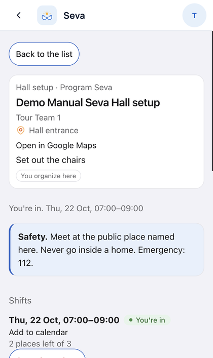 Seva: Open a seva. Tap I will do this. Tick that you are 18 or old