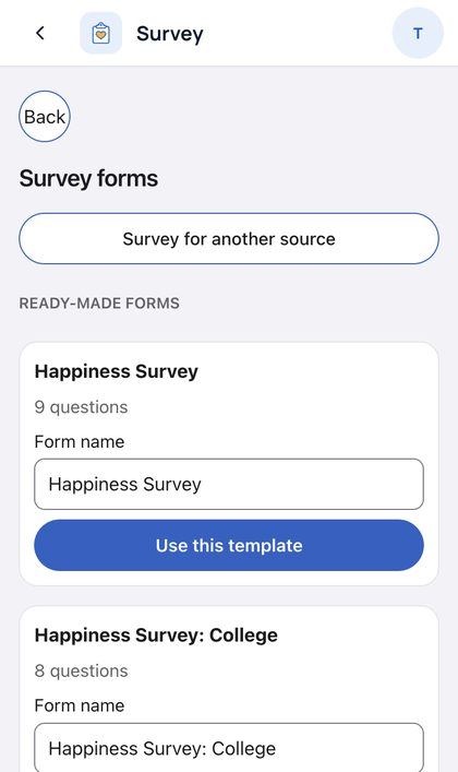 Survey: Open Survey. Ready-made forms are listed. Tap Survey for ano