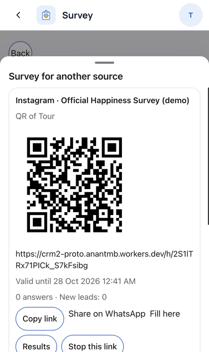Survey: Share the link or the QR. Tap Copy link or Share on WhatsApp