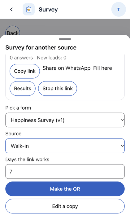 Survey: Pick a form and a source. Set how many days the link works.