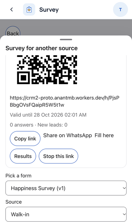 Survey: Pick a form and a source. Set how many days the link works.