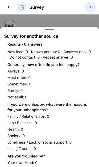 Survey: Tap Results to see the answers and the new leads that came f