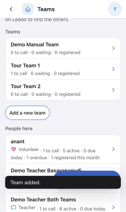 Teams: Tap Add a new team. Type a name. Pick a map place if you wan