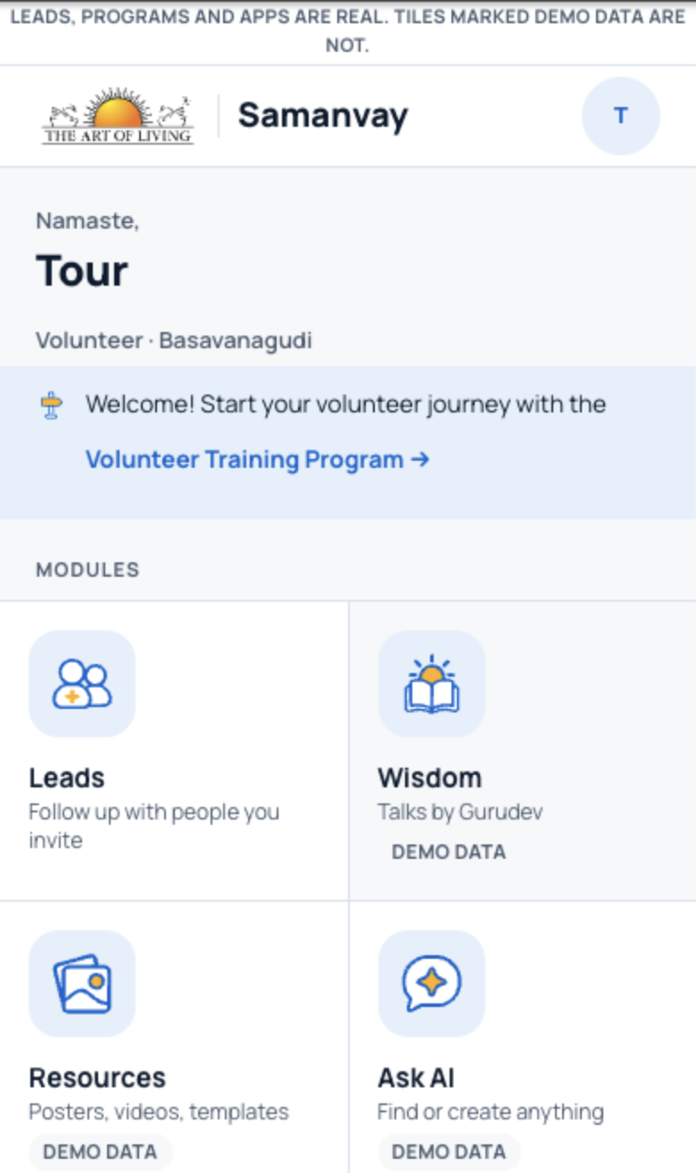 Samanvay home screen with the Leads, Wisdom, Resources and Ask AI tiles